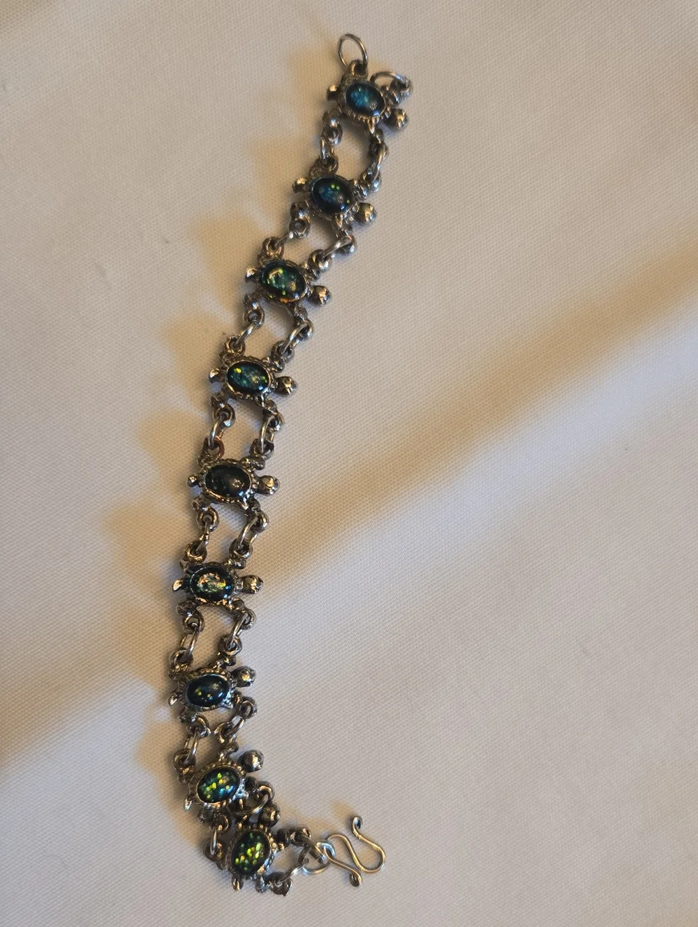 Silver Turtle Link Bracelet with Blue-Green Opal Accents